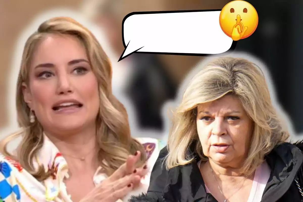 Alba Carrillo y Terelu Campos aparecen en la imagen, una de ellas está hablando y la otra tiene una expresión seria; hay un globo de diálogo vacío con un emoji de silencio.