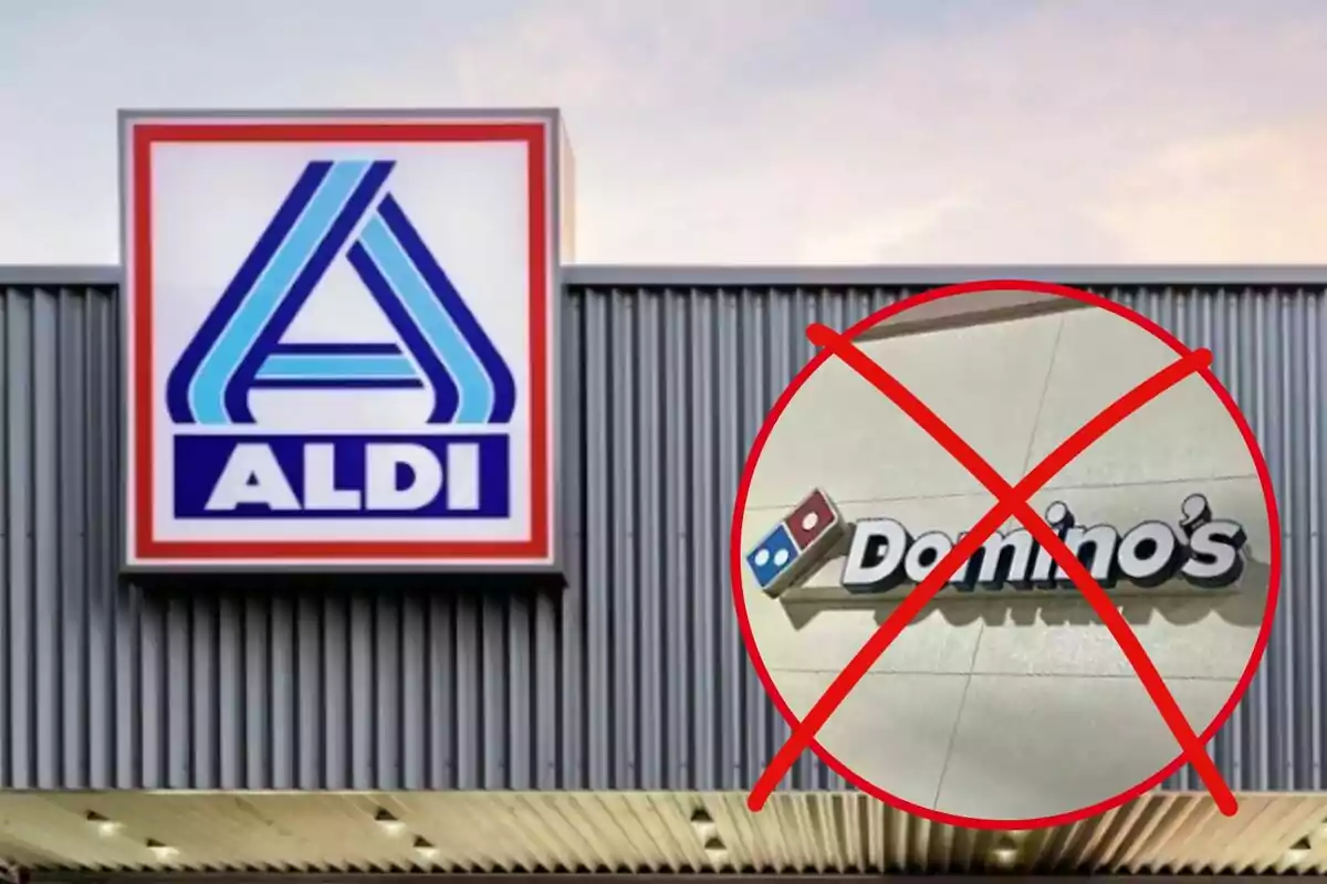 Un letrero de Aldi junto a un logo de Domino's tachado con una cruz roja.