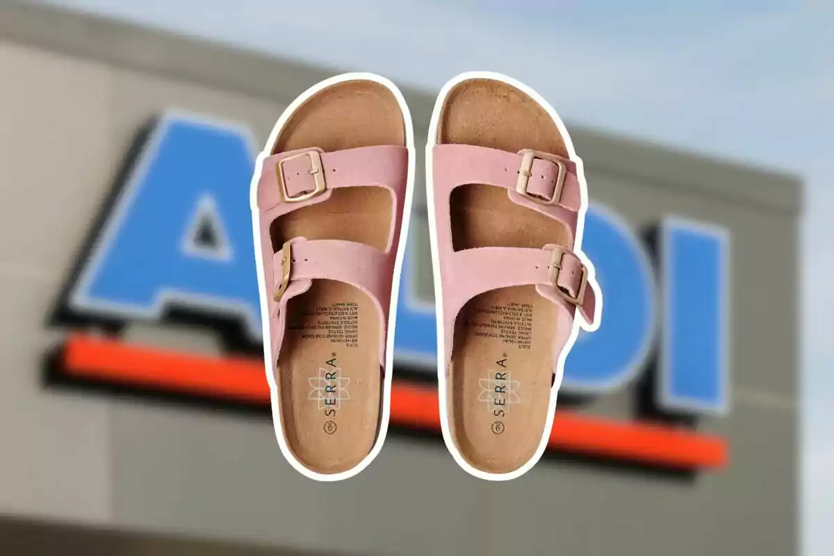 A pair of pink sandals with golden buckles against a blurred background of a sign. A pair of pink sandals with golden buckles against a blurred background of a sign.