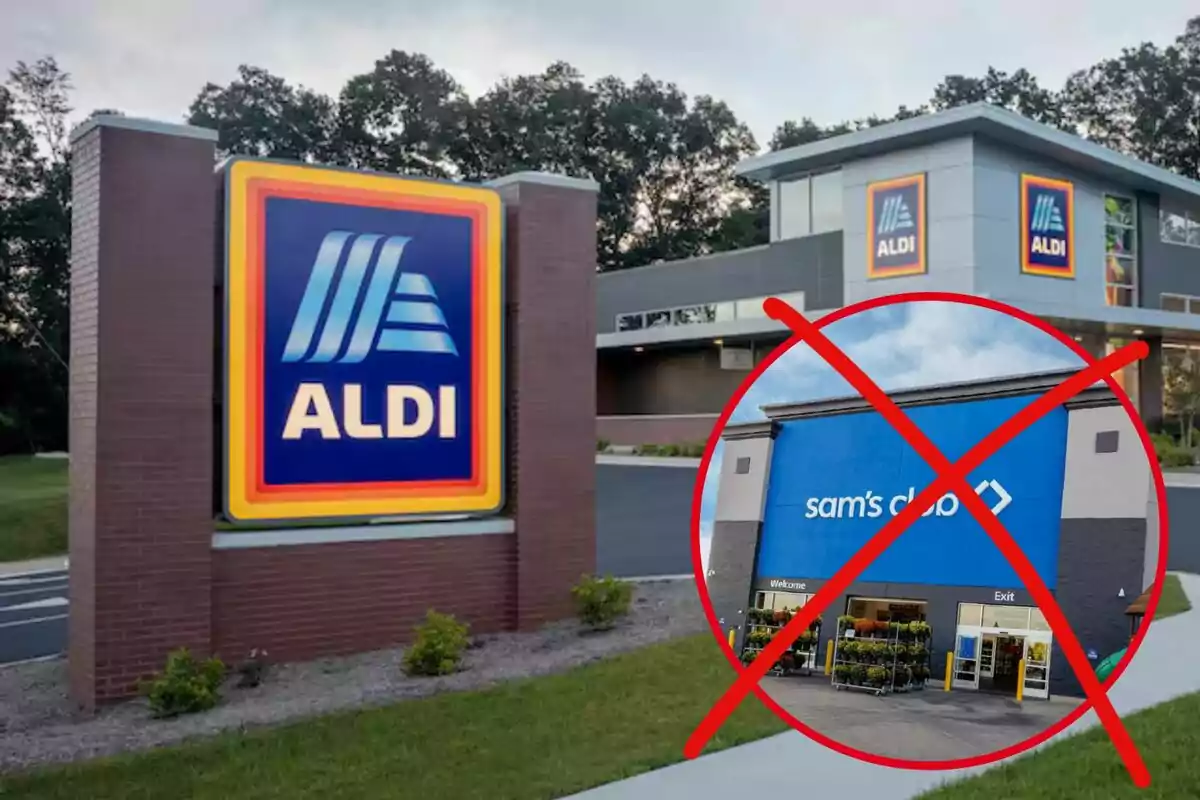 Un letrero de Aldi en primer plano con un edificio de la tienda al fondo y una imagen de Sam's Club tachada con una cruz roja.