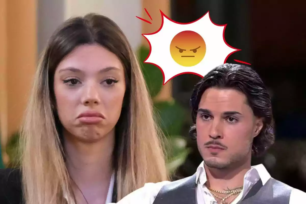 Alejandra Rubio con expresión triste y Carlo Costanzia con expresión seria, con un emoji de enojo entre ellos.