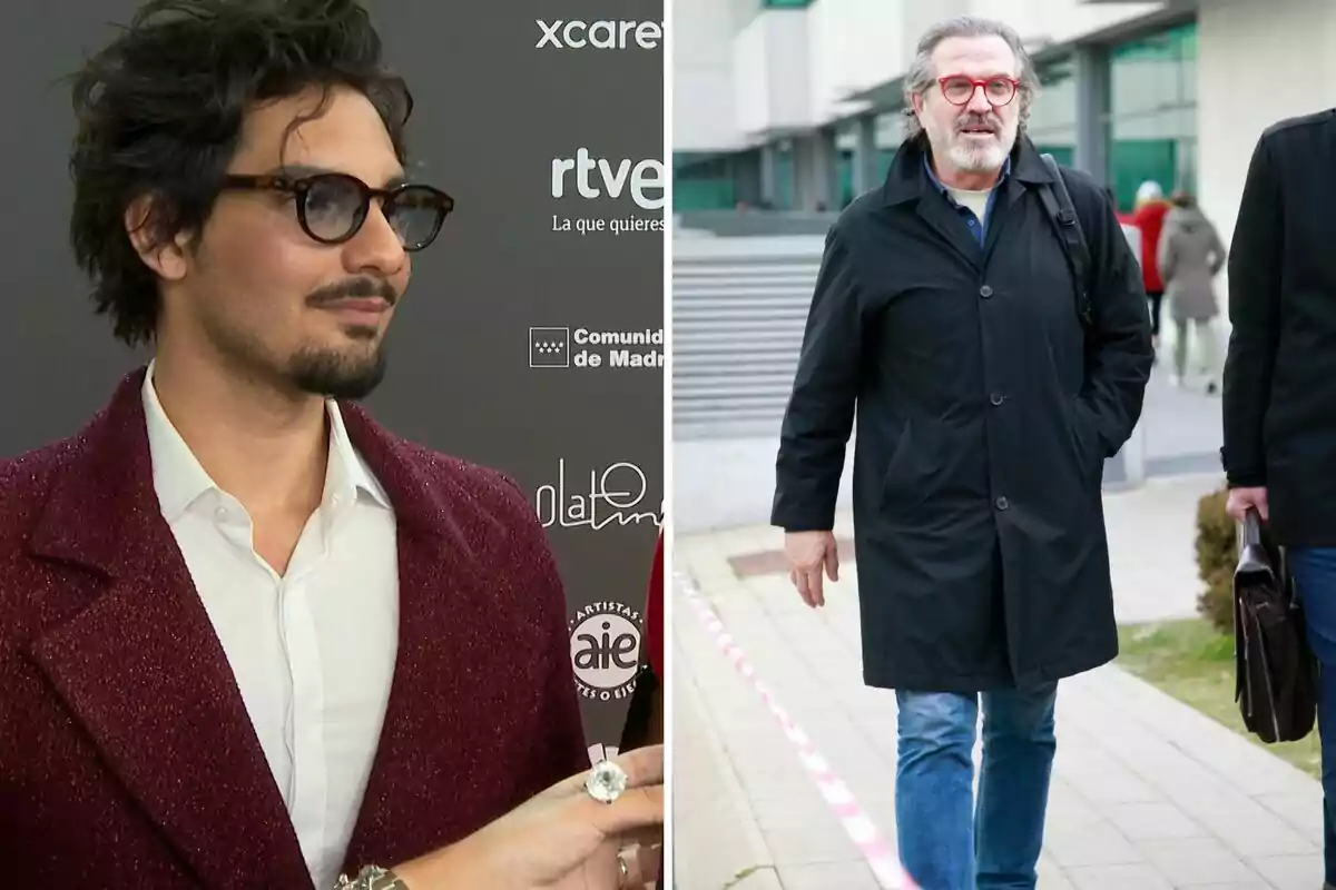 Alejandro Reyes y Pepe Navarro, Alejandro con gafas de sol y chaqueta burdeos en un evento y Pepe con gafas rojas y abrigo negro caminando por la calle. Alejandro Reyes y Pepe Navarro, Alejandro con gafas de sol y chaqueta burdeos en un evento y Pepe con gafas rojas y abrigo negro caminando por la calle.
