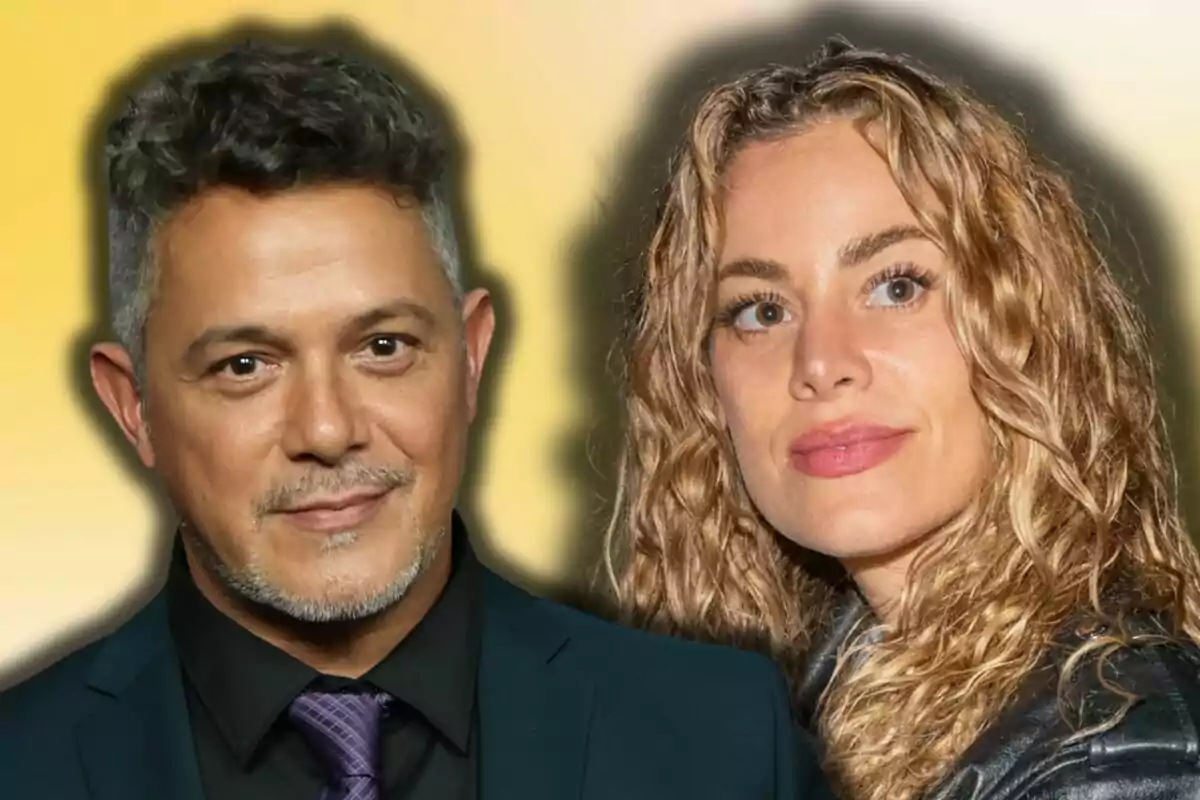 Alejandro Sanz y Candela Márquez posan juntos frente a un fondo amarillo difuminado.