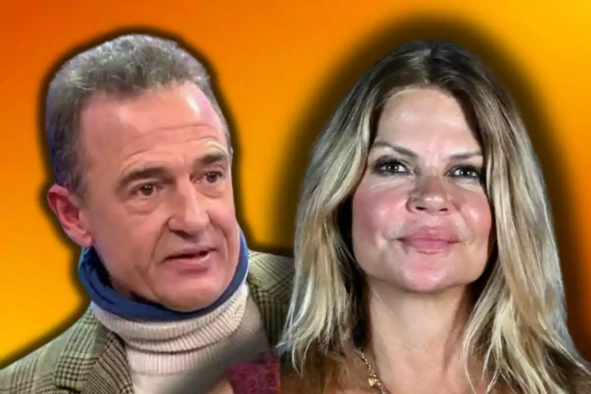 Alessandro Lequio y Makoke posan frente a un fondo naranja.