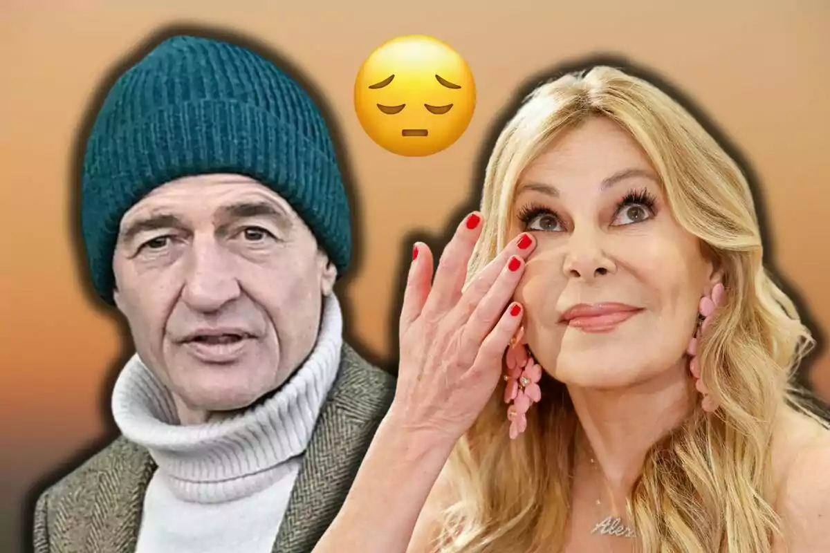 Alessandro Lequio con gorro y Ana Obregón con expresión emotiva, con un emoji de cara triste entre ellos sobre un fondo degradado.