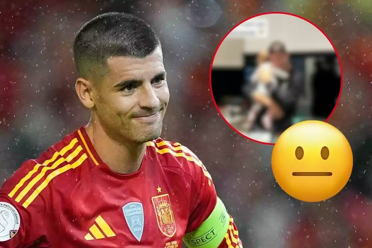 Álvaro Morata con el uniforme de la selección española sonríe levemente mientras lleva un brazalete de capitán y en la esquina superior derecha hay un círculo con una imagen borrosa y un emoji neutral.