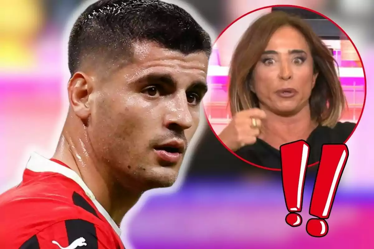 Álvaro Morata en primer plano con una expresión de sorpresa de María Patiño en un círculo rojo al fondo y signos de exclamación.