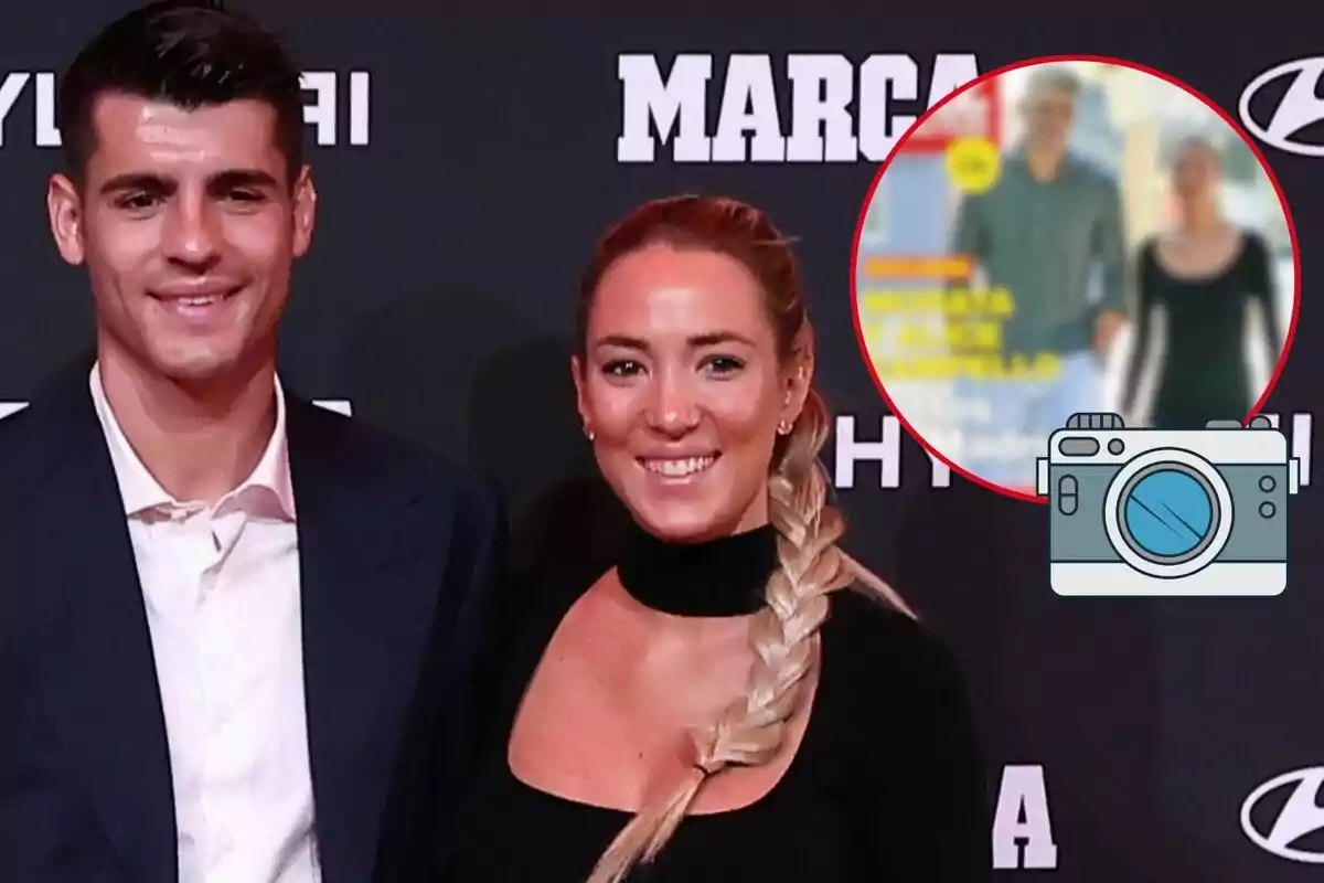 Álvaro Morata y Alice Campello sonriente posando en un evento con un fondo que muestra el logo de "MARCA" y "HYUNDAI", además de un recuadro con una imagen borrosa de otra pareja y un ícono de cámara.