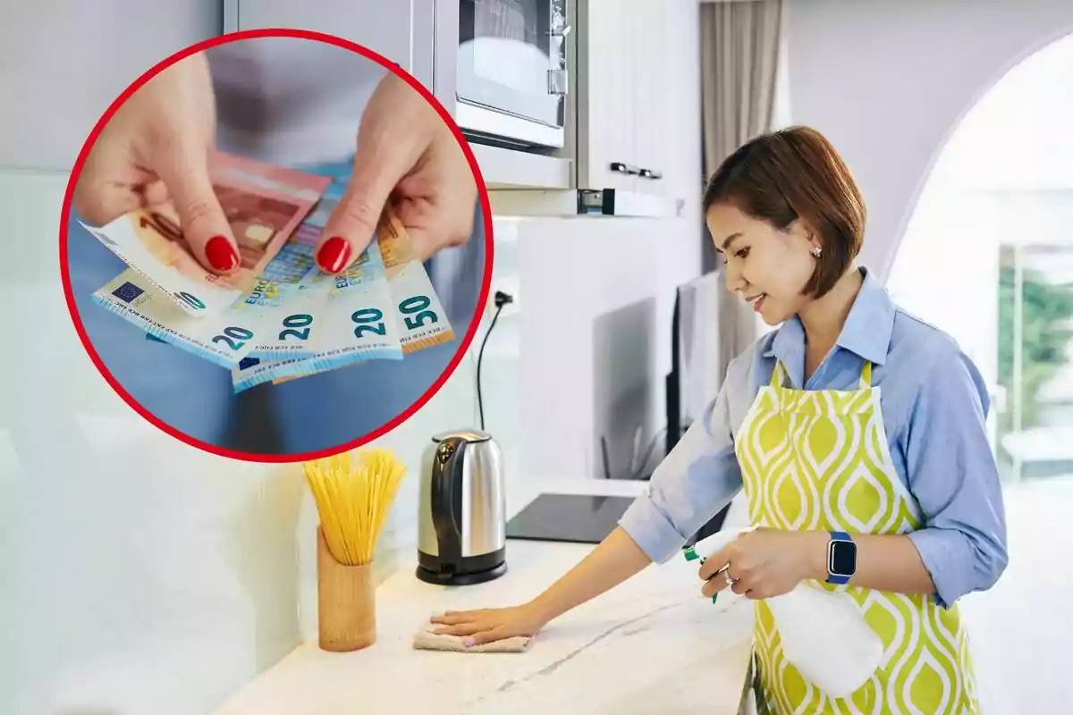 Una mujer limpiando una cocina mientras sostiene un rociador, con una imagen superpuesta de manos contando billetes de euro.