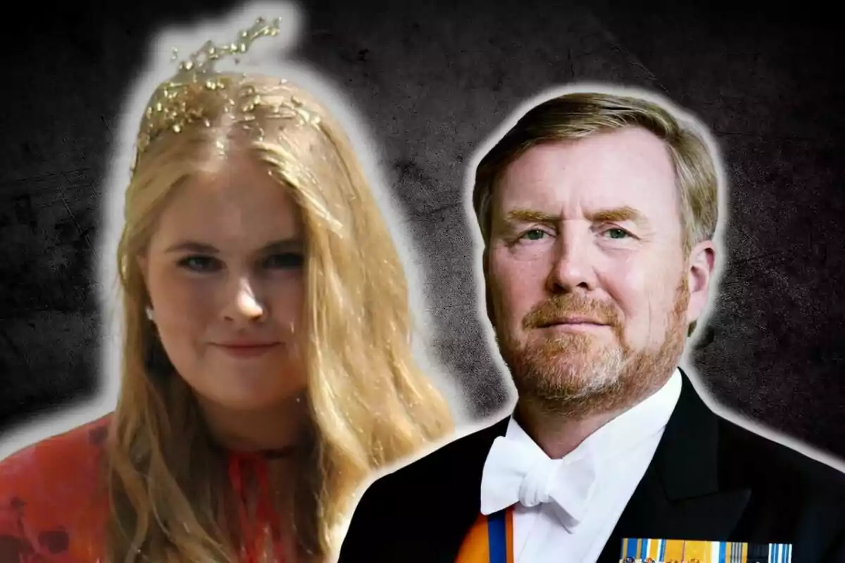 Amalia de Holanda con corona dorada y Guillermo de Holanda con traje de gala y medallas posan juntos sobre un fondo oscuro