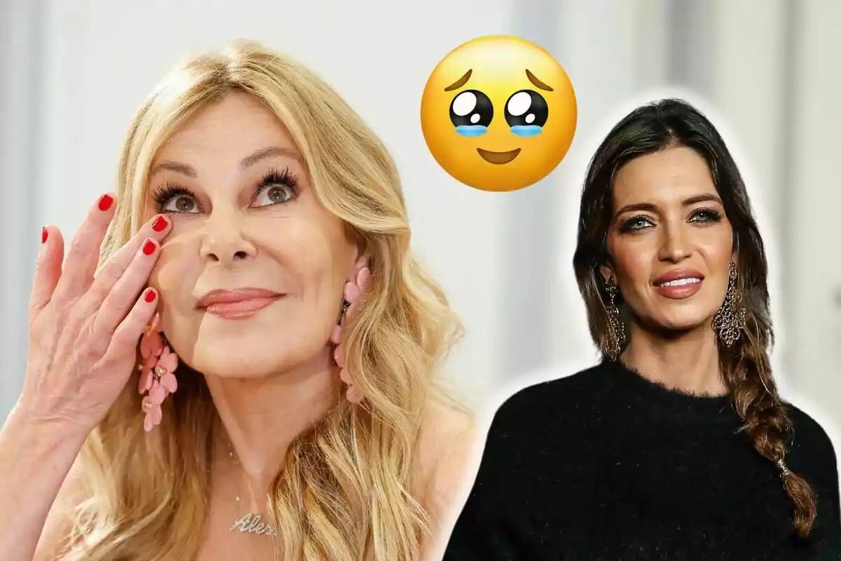 Ana Obregón y Sara Carbonero posan juntas mientras una de ellas se toca el rostro y hay un emoji con ojos llorosos sobre ellas.