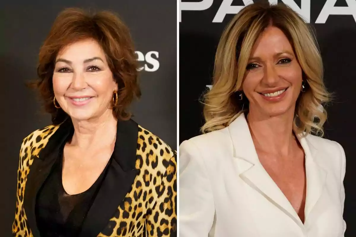 Ana Rosa Quintana y Susanna Griso posando en un evento, una lleva un traje con estampado de leopardo y la otra un traje blanco. Ana Rosa Quintana y Susanna Griso posando en un evento, una lleva un traje con estampado de leopardo y la otra un traje blanco.