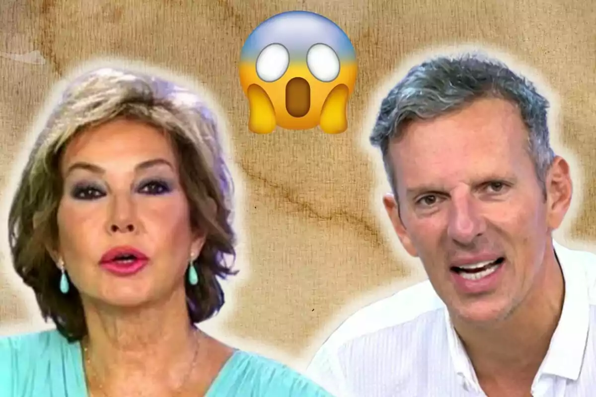 Ana Rosa Quintana y Joaquín Prat con expresiones faciales intensas y un emoji sorprendido en el centro sobre un fondo texturizado.