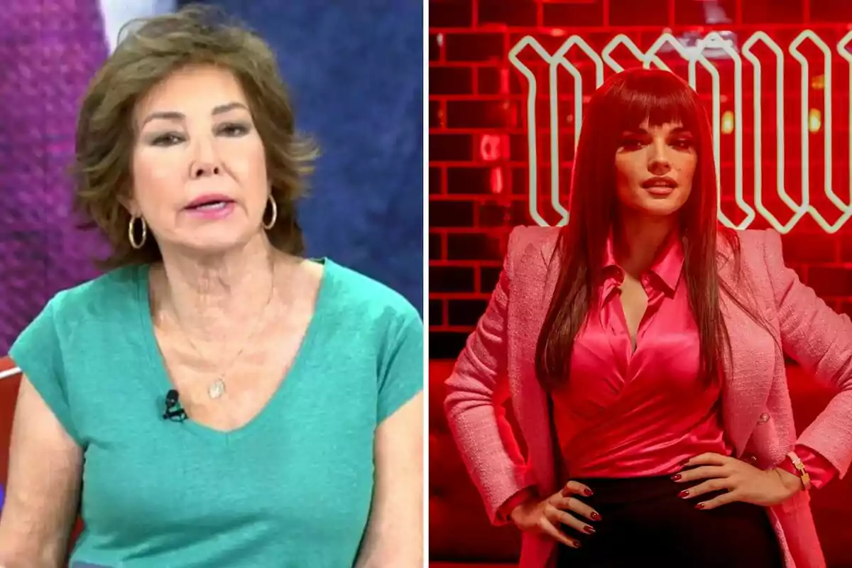 Ana Rosa Quintana y Melody en una imagen dividida; la de la izquierda lleva una camiseta verde y está en un entorno de estudio, mientras que la de la derecha viste un conjunto rosa y está en un ambiente iluminado con luces rojas. Ana Rosa Quintana y Melody en una imagen dividida; la de la izquierda lleva una camiseta verde y está en un entorno de estudio, mientras que la de la derecha viste un conjunto rosa y está en un ambiente iluminado con luces rojas.