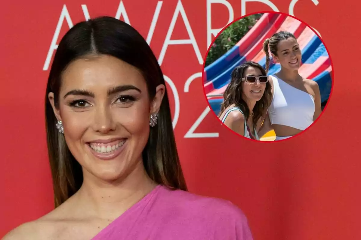 Anna Padilla sonriente con un vestido rosa en un evento de premios y un recuadro con ella y Paz Padilla posando frente a toboganes de colores.