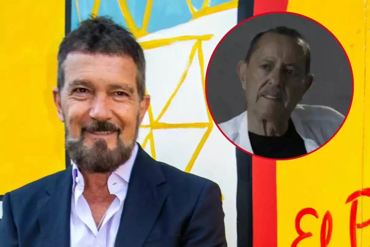 Antonio Banderas con traje oscuro sonríe frente a un fondo colorido, mientras en un círculo rojo se muestra a Julián Muñoz con expresión seria.