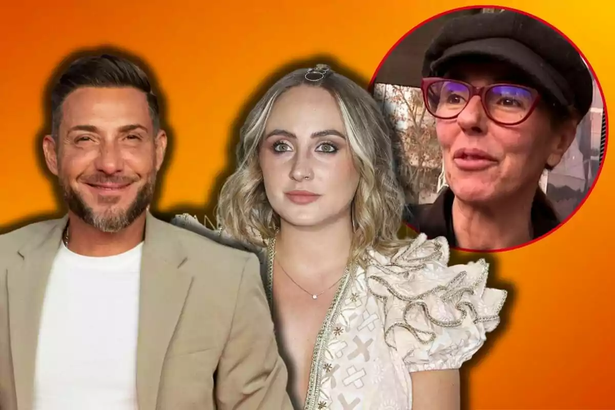 Antonio David Flores y Rocío Flores posan juntos frente a un fondo naranja, mientras que en la esquina superior derecha hay un recuadro con la imagen de Rocío Carrasco usando gafas y una gorra.