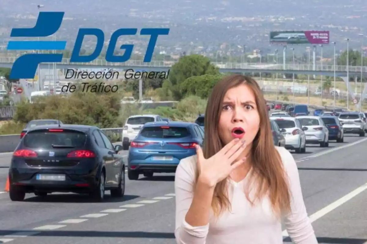 Montaje de un atasco, el logo de la DGT y una mujer contrariada