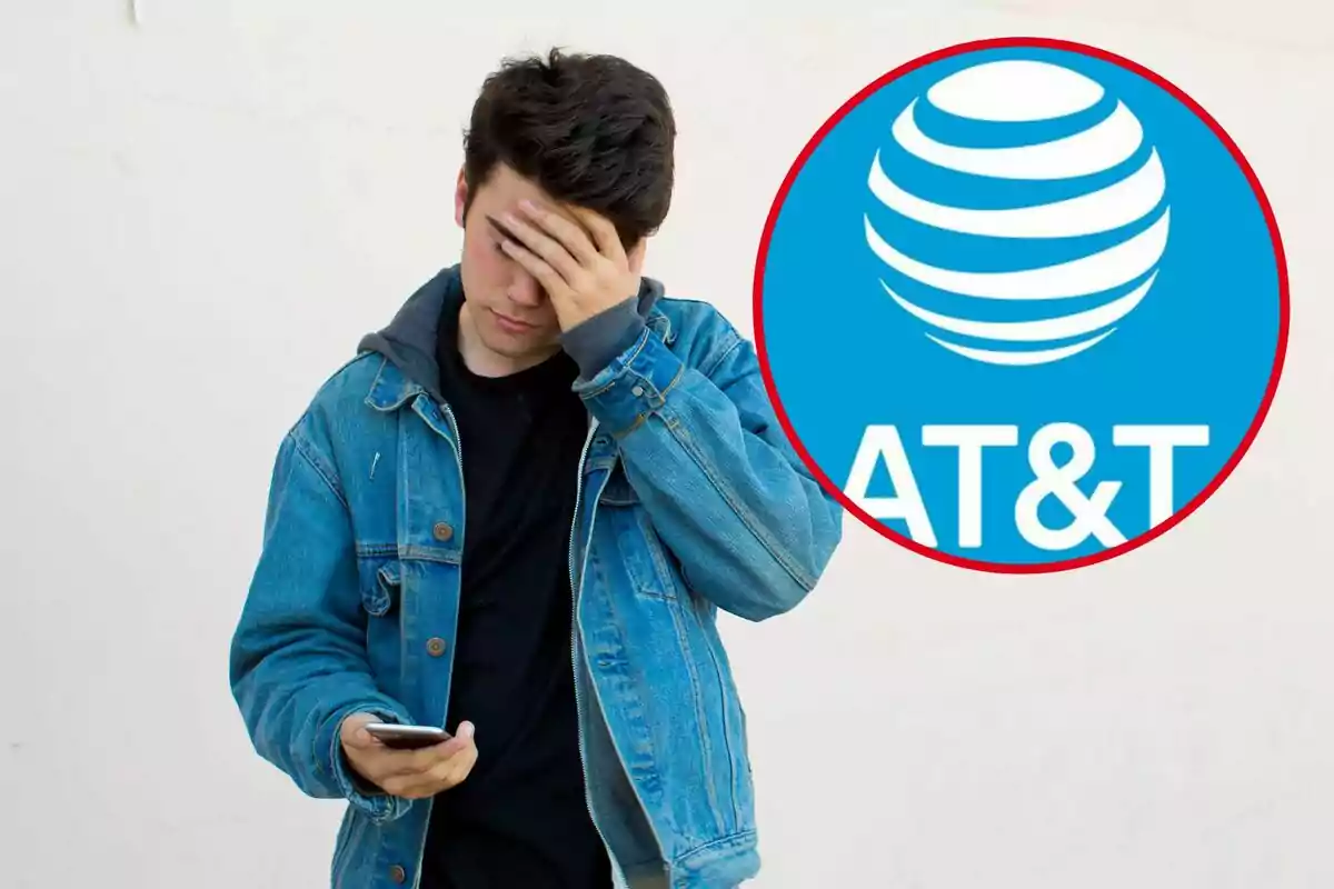 Un joven con chaqueta de mezclilla sostiene un teléfono mientras se cubre la cara con una mano; a su lado, el logotipo de AT&T en un círculo rojo. Un joven con chaqueta de mezclilla sostiene un teléfono mientras se cubre la cara con una mano; a su lado, el logotipo de AT&T en un círculo rojo.