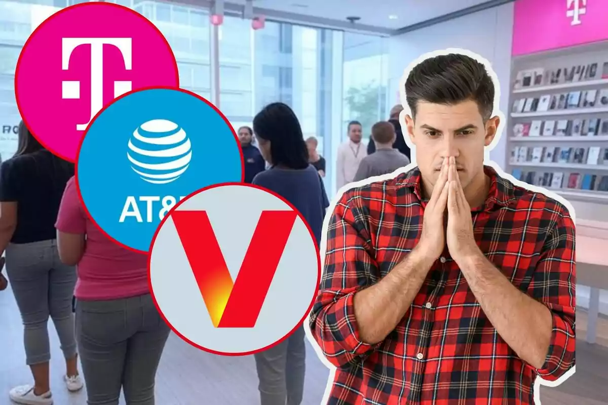Un hombre con expresión pensativa está en una tienda de tecnología, rodeado de logotipos de compañías de telecomunicaciones.