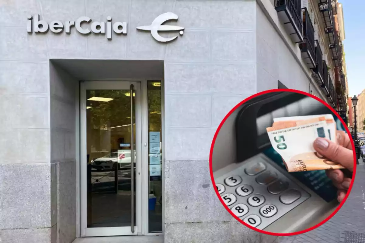 Fachada de una sucursal de Ibercaja con un recuadro que muestra a una persona retirando dinero de un cajero automático.