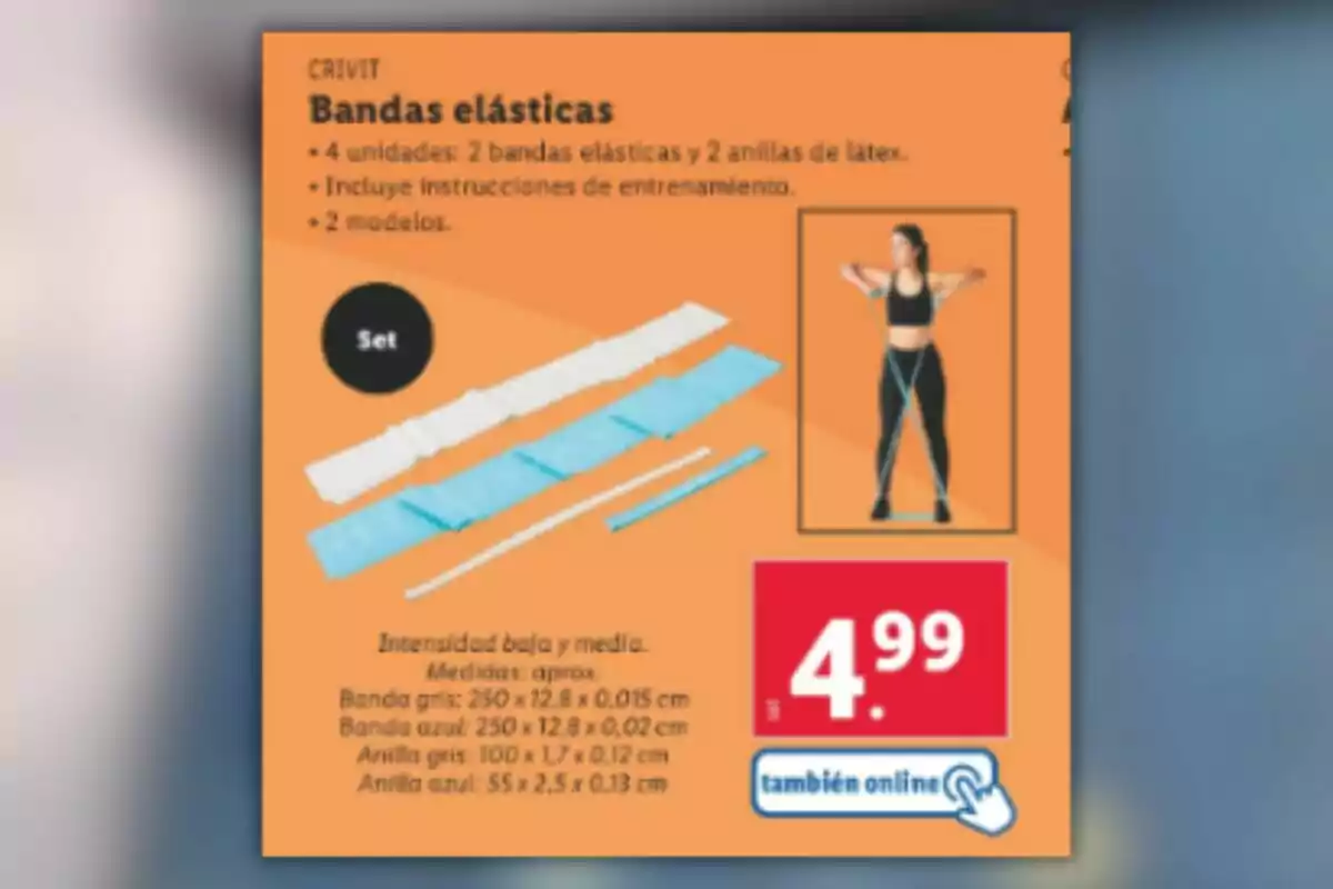 Set de bandas elásticas Crivit con 4 unidades: 2 bandas elásticas y 2 anillas de látex, incluye instrucciones de entrenamiento y 2 modelos, disponible por 4.99, también online. Set de bandas elásticas Crivit con 4 unidades: 2 bandas elásticas y 2 anillas de látex, incluye instrucciones de entrenamiento y 2 modelos, disponible por 4.99, también online.