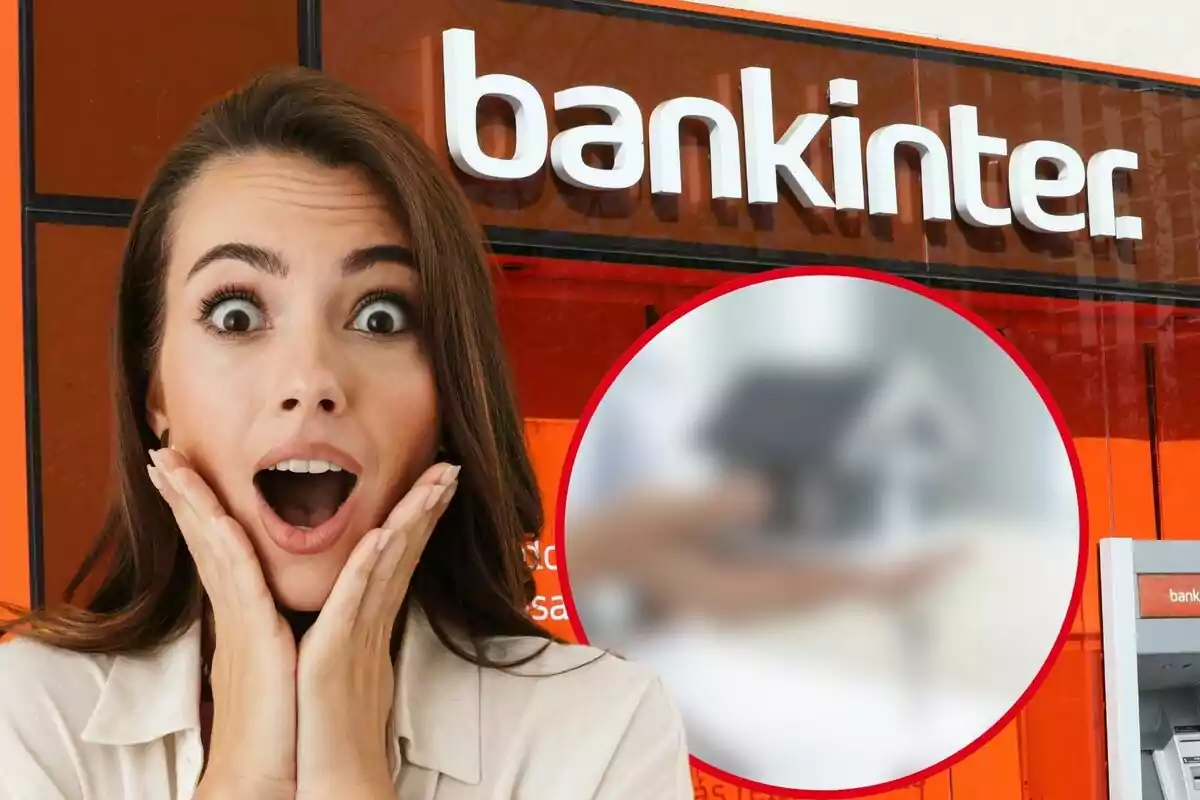 Mujer sorprendida frente a una sucursal de Bankinter con una imagen borrosa de una casa en el fondo.