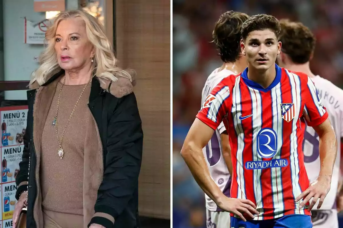 Bárbara Rey con abrigo negro y Julián Álvarez con camiseta de fútbol del Atlético de Madrid.