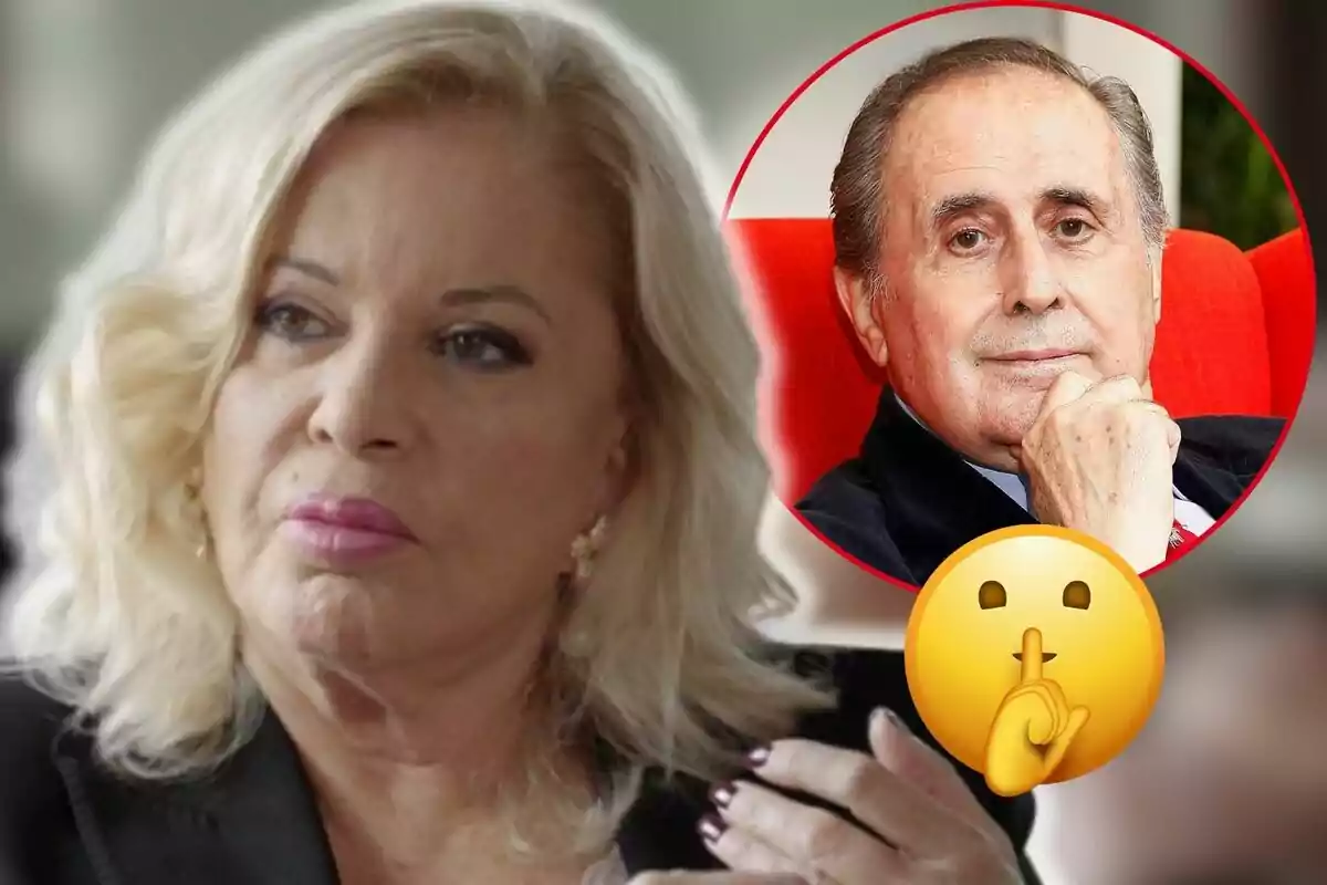 Bárbara Rey de cabello rubio aparece en primer plano con una expresión seria mientras en la esquina superior derecha hay un círculo rojo con la imagen de Jaime Peñafiel y un emoji de silencio.