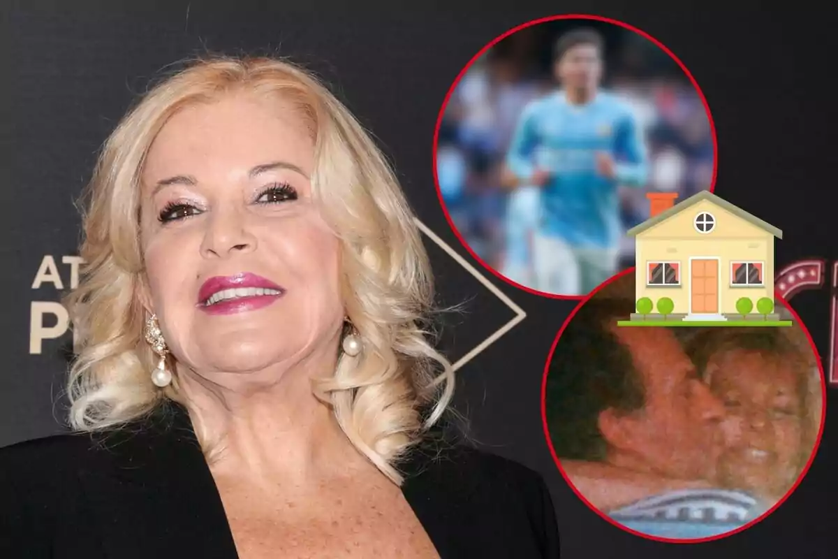 Bárbara Rey sonriente con fondo negro y dos imágenes circulares superpuestas, una de un jugador de fútbol desenfocado y otra de ella y Juan Carlos I abrazándose con un ícono de casa encima.