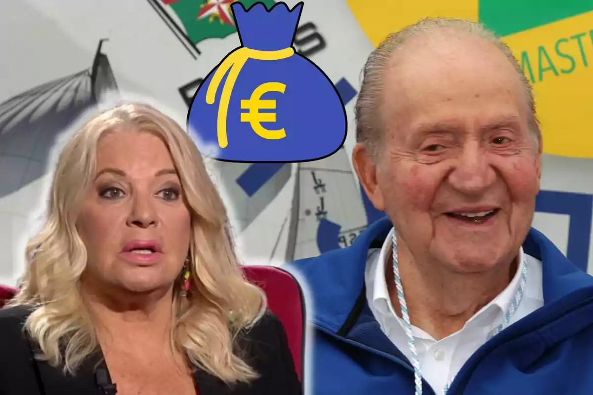 Bárbara Rey y Juan Carlos I sonríen frente a un fondo colorido con un gráfico de una bolsa de dinero con el símbolo del euro.