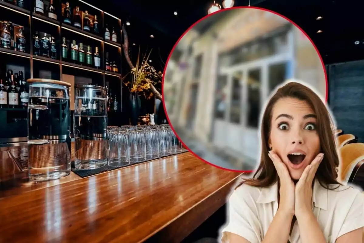 Una mujer con expresión de sorpresa está en un bar con botellas en estantes y vasos sobre la barra, mientras una imagen borrosa está en un círculo rojo detrás de ella.