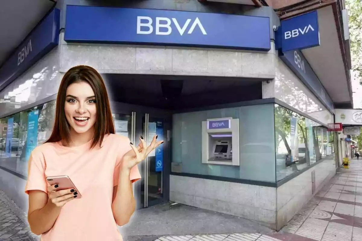 Fachada de la oficina del BBVA y una mujer alegre con el móvil