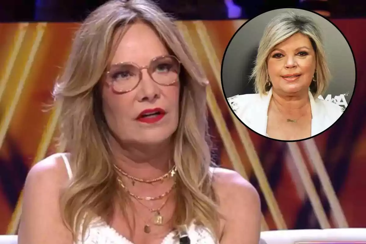 Belén Rodríguez habla en un programa de televisión, mientras que en un recuadro se muestra a Terelu Campos con una chaqueta blanca.
