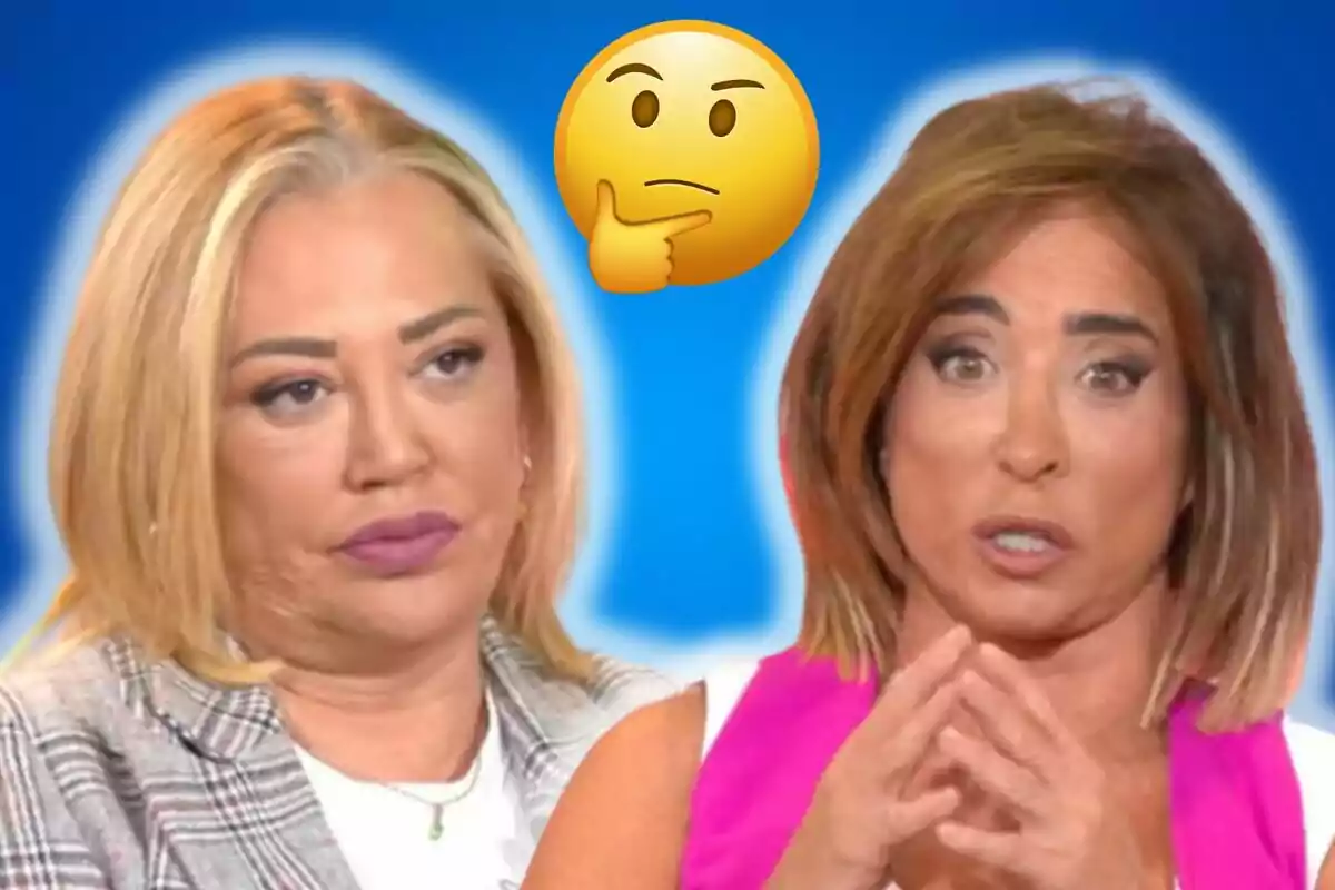 Belén Esteban y María Patiño en un programa de televisión con un emoji pensativo entre ellas.