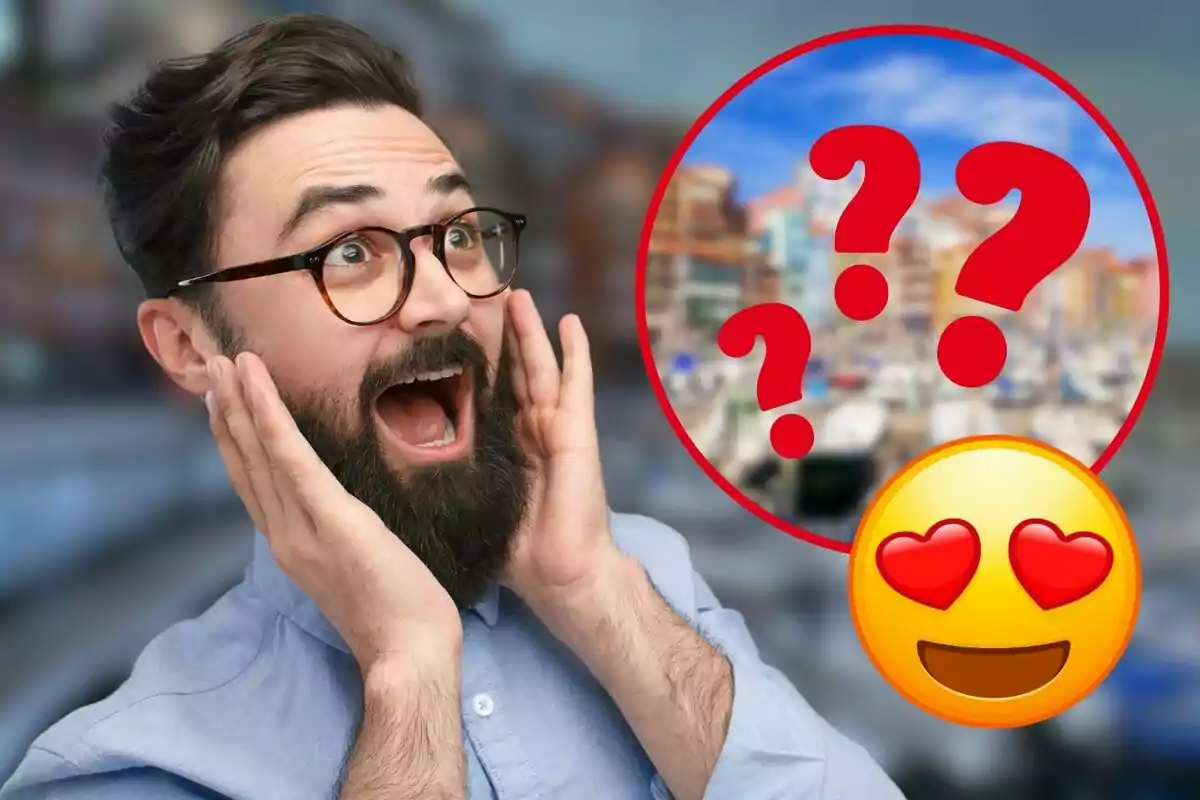 Hombre con barba y gafas, con expresión de sorpresa y emoción, junto a un círculo con signos de interrogación y un emoji con ojos de corazón.