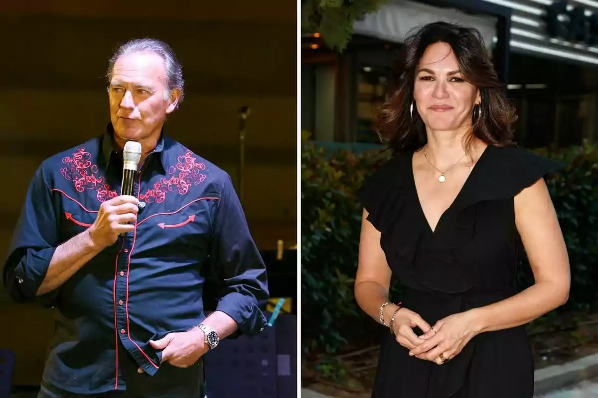 Bertín Osborne con camisa negra decorada con detalles rojos sostiene un micrófono mientras Fabiola Martínez con vestido negro sonríe al aire libre.