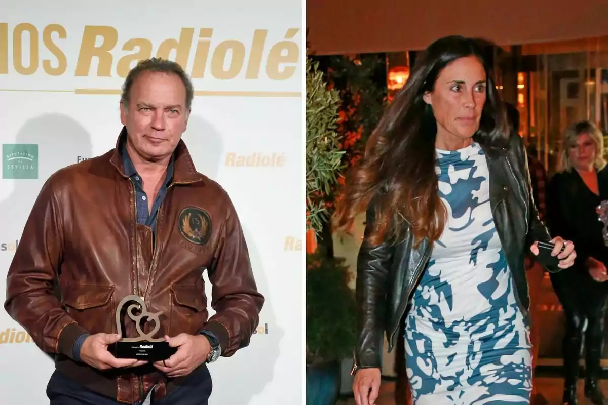 Bertín Obsorne con chaqueta de cuero sostiene un trofeo en un evento de Radiolé mientras Isabel Rábago con chaqueta de cuero y vestido estampado camina en un entorno iluminado. Bertín Obsorne con chaqueta de cuero sostiene un trofeo en un evento de Radiolé mientras Isabel Rábago con chaqueta de cuero y vestido estampado camina en un entorno iluminado.