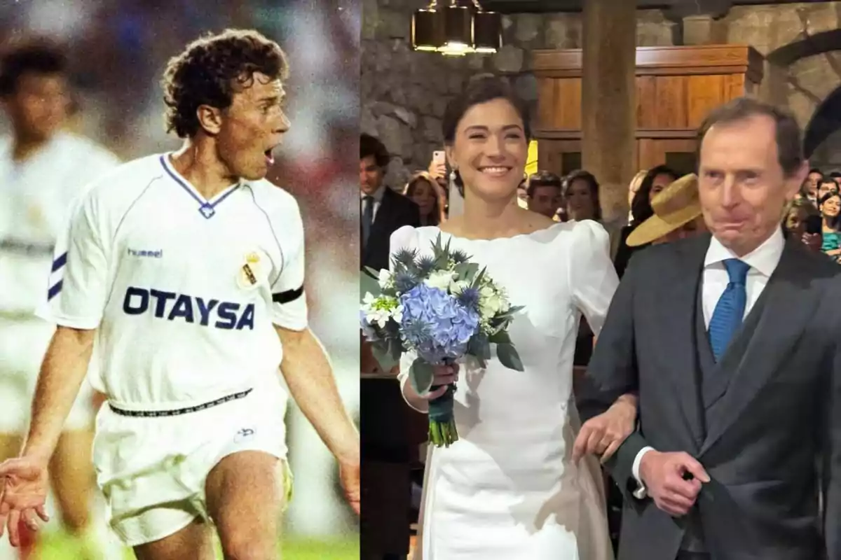 Un jugador de fútbol con uniforme blanco a la izquierda y una novia sonriente con ramo de flores junto a un hombre en traje a la derecha.