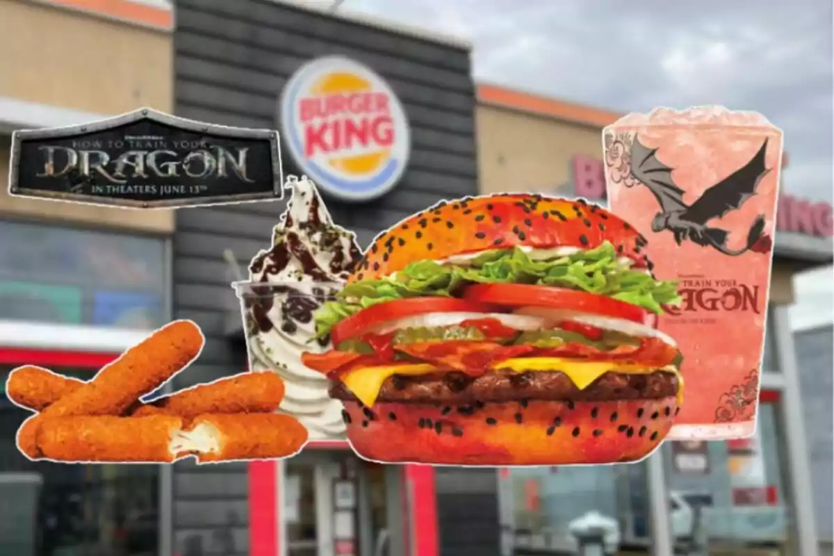 Promoción de Burger King inspirada en Cómo entrenar a tu dragón con hamburguesa de pan rojo, palitos de queso, helado con chocolate y bebida rosa frente a una sucursal Promoción de Burger King inspirada en Cómo entrenar a tu dragón con hamburguesa de pan rojo, palitos de queso, helado con chocolate y bebida rosa frente a una sucursal