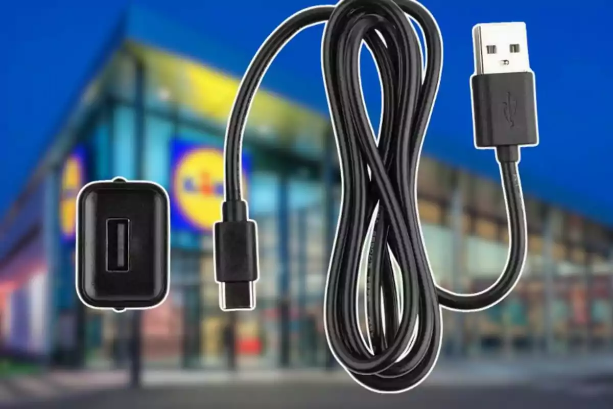 Un cable USB negro y un adaptador frente a un edificio con un logotipo borroso en el fondo. Un cable USB negro y un adaptador frente a un edificio con un logotipo borroso en el fondo.