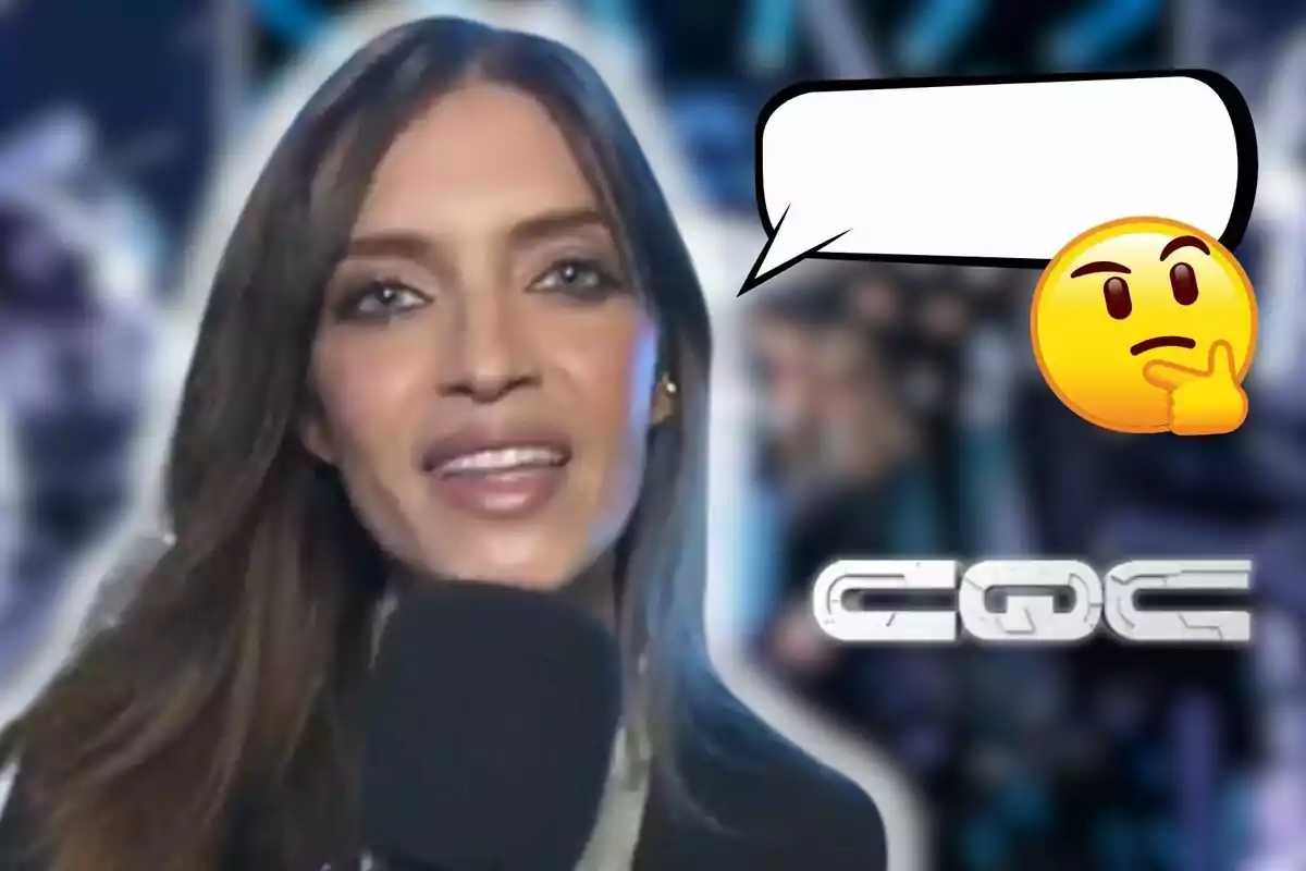 Sara Carbonero con micrófono y un globo de diálogo vacío junto a un emoji pensativo, con el logo de CQC en el fondo.