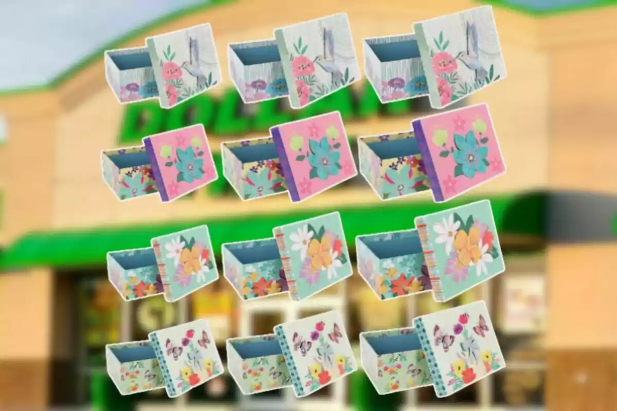 Cajas decorativas con diseños florales y de mariposas flotando frente a una tienda con letrero verde desenfocado Cajas decorativas con diseños florales y de mariposas flotando frente a una tienda con letrero verde desenfocado