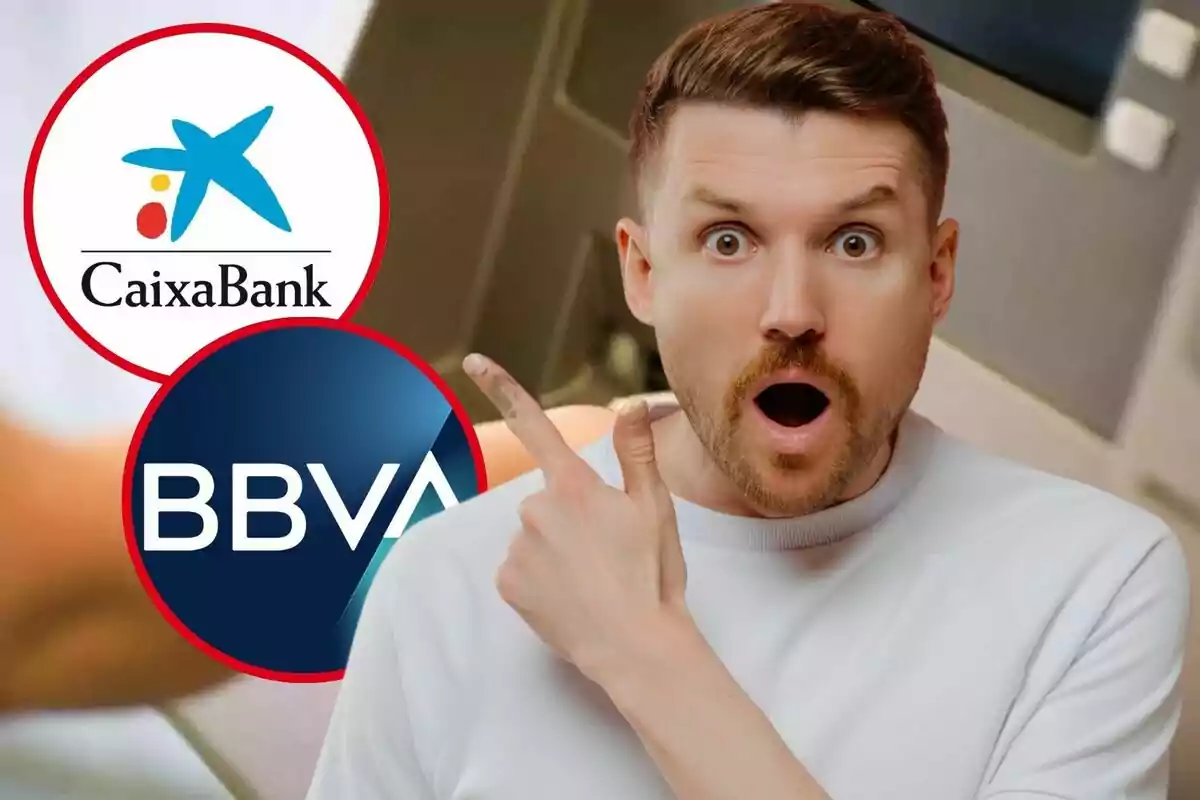 Hombre sorprendido señalando los logotipos de CaixaBank y BBVA.