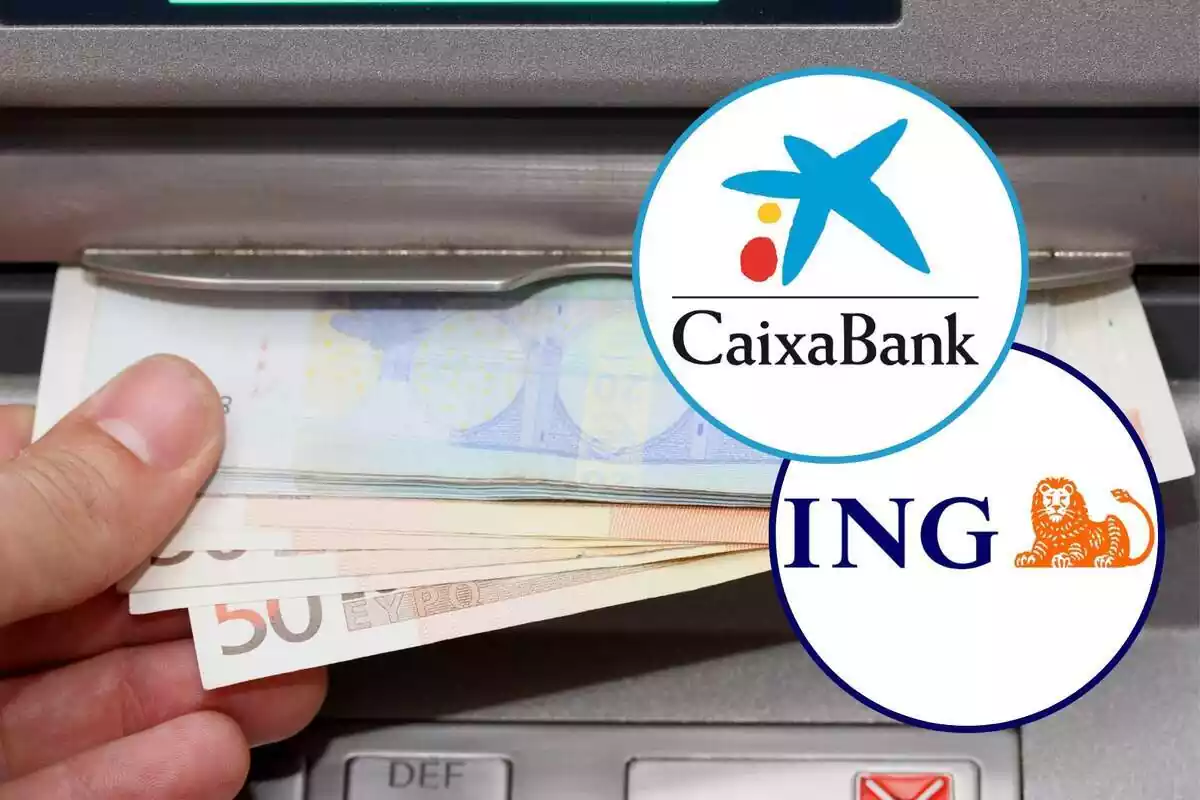 Montaje con una mano sacando billetes de euro de un cajero y dos círculos con los logos de CaixaBank e ING Montaje con una mano sacando billetes de euro de un cajero y dos círculos con los logos de CaixaBank e ING