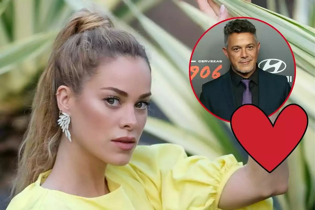 Candela Márquez con blusa amarilla y aretes de hojas posa frente a un fondo de hojas verdes, con un círculo que muestra a Alejandro Sanz en traje y corbata morada, junto a un corazón rojo.