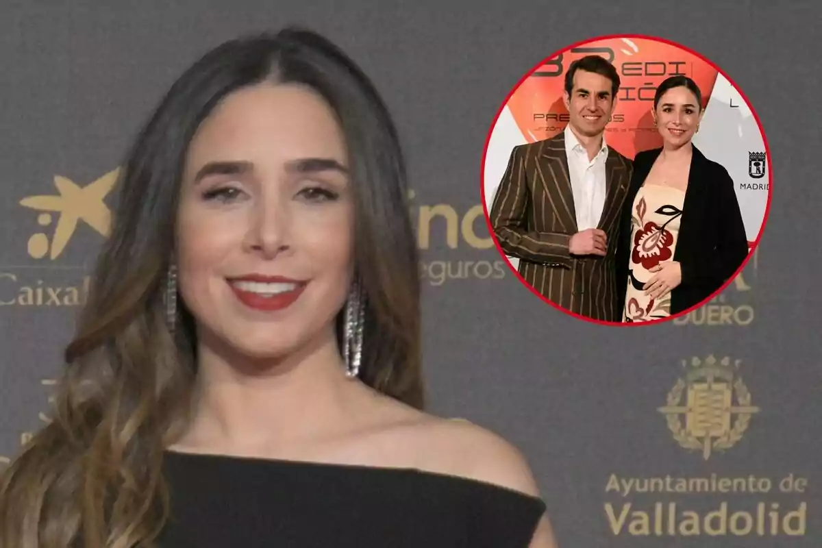 Candela Serrat con vestido negro sonríe en un evento, con un recuadro que muestra a ella y Daniel Murriel posando en una alfombra roja.