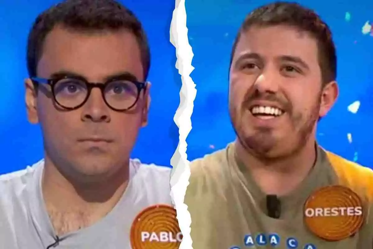 Pablo Díaz y Orestes, concursantes de 'Pasapalabra', aparecen en la imagen, Pablo con expresión seria y gafas, Orestes sonriente, separados por una línea blanca en el centro. Pablo Díaz y Orestes, concursantes de 'Pasapalabra', aparecen en la imagen, Pablo con expresión seria y gafas, Orestes sonriente, separados por una línea blanca en el centro.