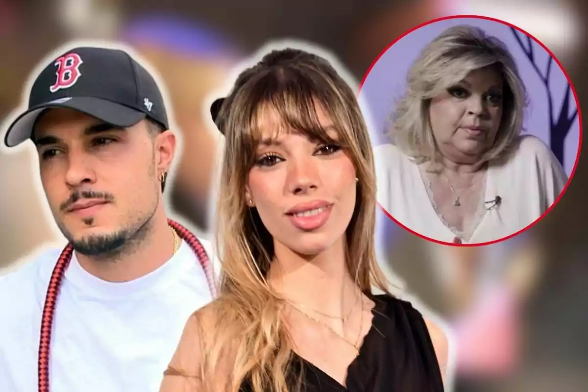 Carlo Costanzia con gorra negra y camiseta blanca junto a Alejandra Rubio de cabello rubio y flequillo, con una imagen circular de Terelu Campos rubia en el fondo.