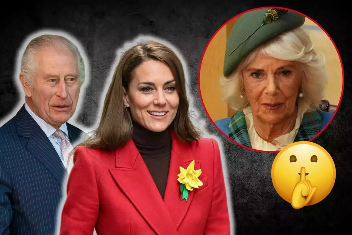 Tres personas posan en un montaje fotográfico con un fondo oscuro, una de ellas está dentro de un círculo rojo y hay un emoji de silencio.